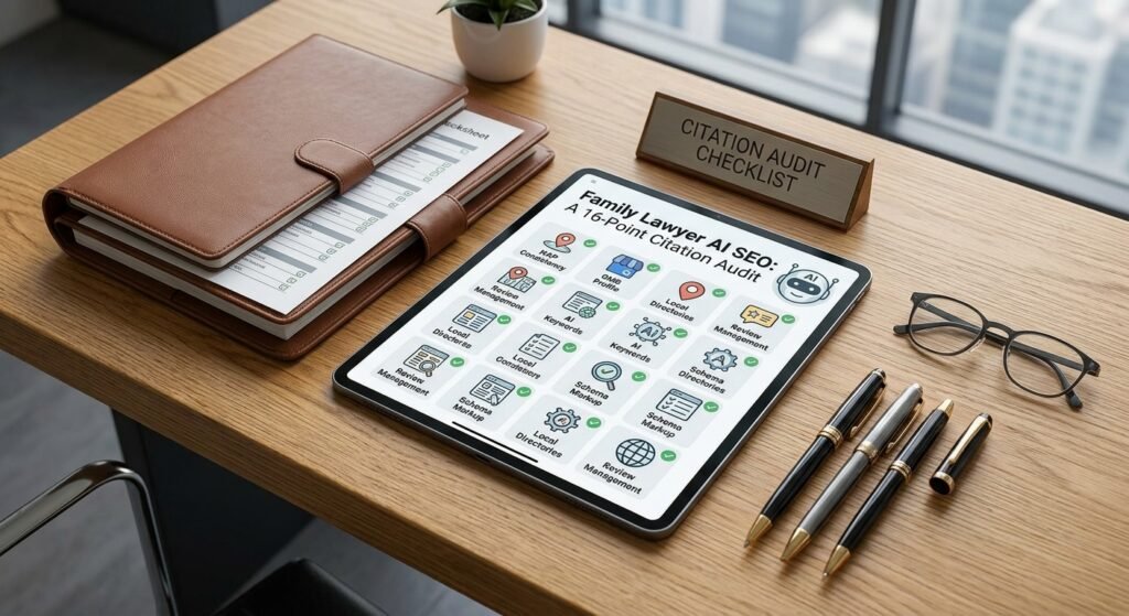 High-angle photograph of an organized professional lawyer's desk featuring a tablet displaying a 16-point Family Lawyer AI SEO audit checklist, a notebook, glasses, a pen, and a wooden block titled "Citation Audit Checklist."